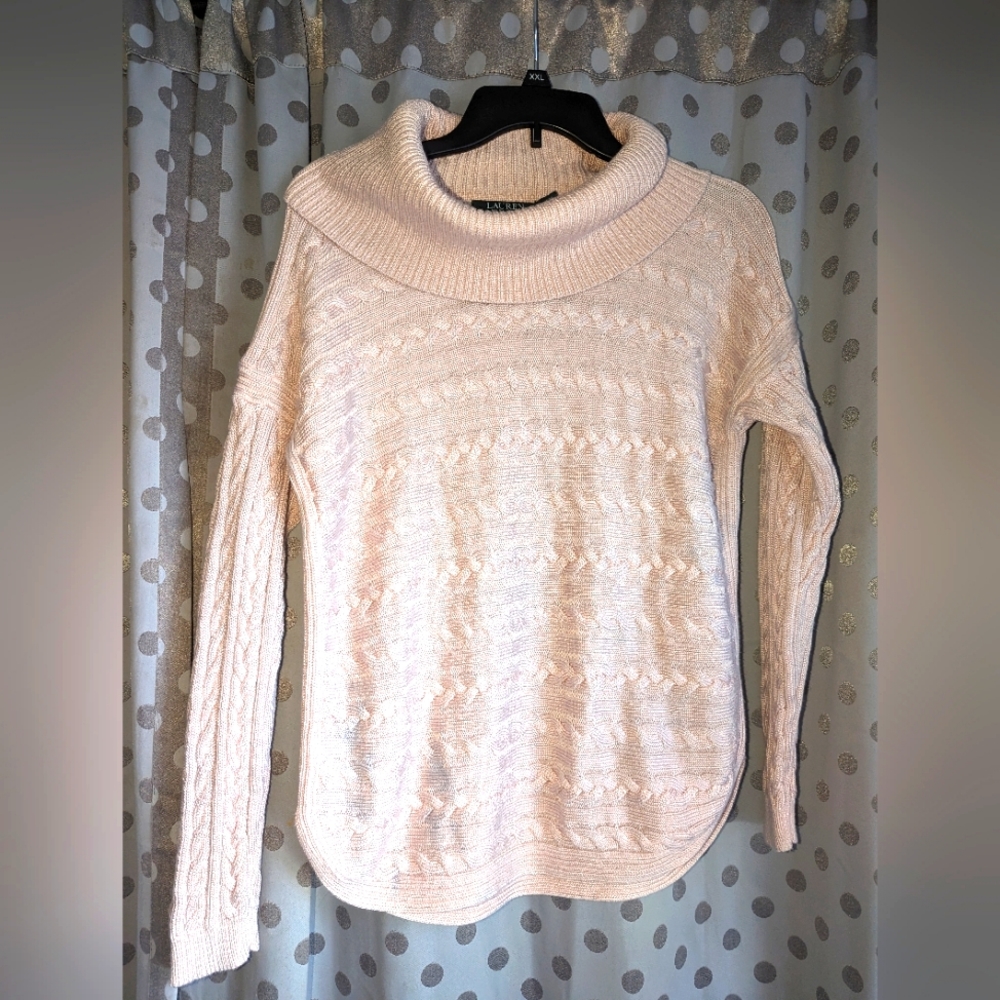 LAUREN RALPH LAUREN Pink Cowl Neck Cable Knit Sweater M